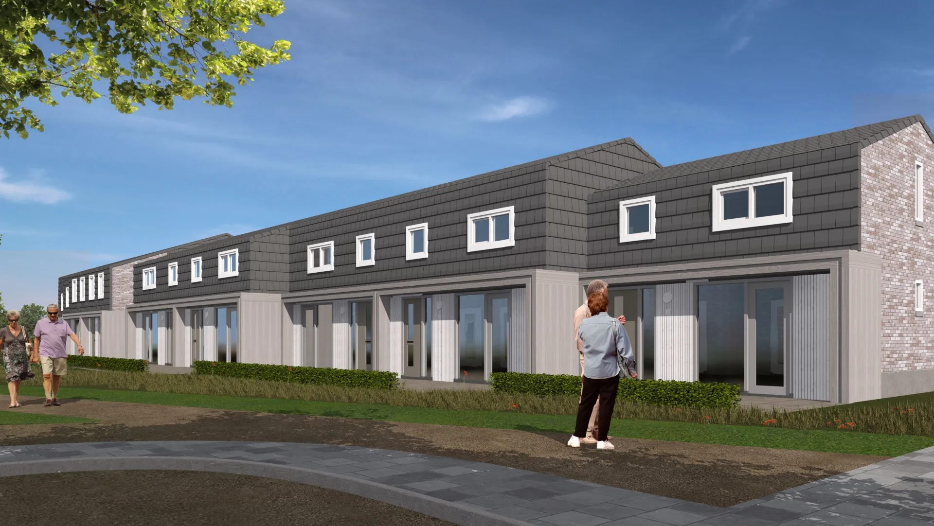 Een rij nieuwbouwwoningen met grasvelden en wandelende mensen.